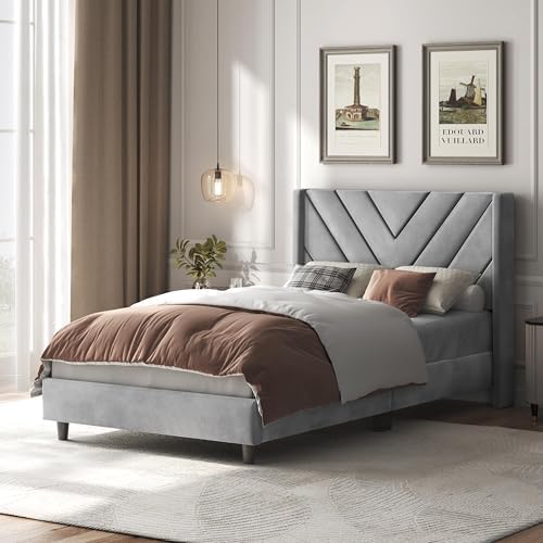 Yaheetech Twin Bed Frame with Chevron Channel-Tufted Headboard, Light Gray - Image 3