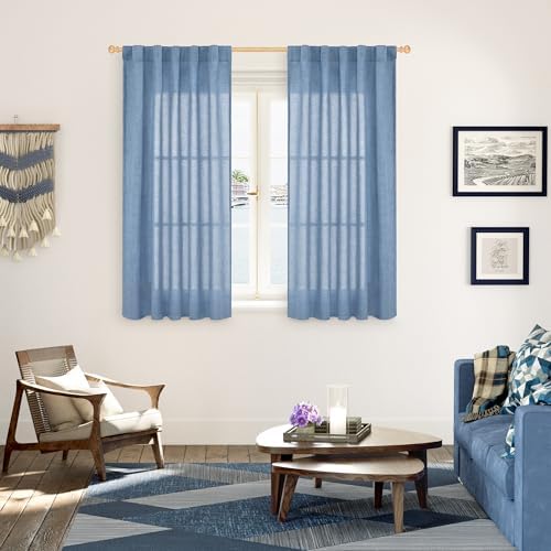 YoungsTex 48 Inch Length Denim Blue Linen Curtains, Short Drapes Light - Image 2