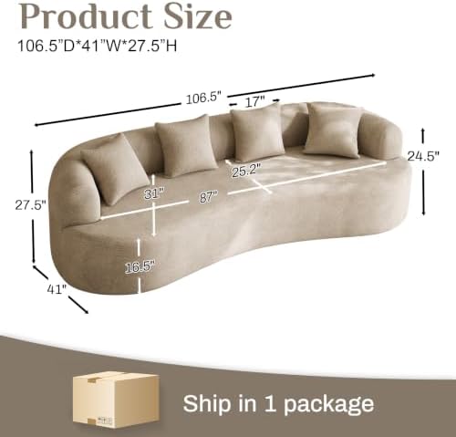 Modern Curved Couch, Oversized 4 Seater Boneless Chenille Sofa, Light Brown - Image 2