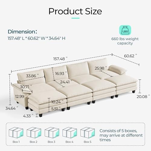 LINSY HOME 157'' Modular Sectional Sofa 4 Seat Couch Corduroy Cloud Couch - Image 2