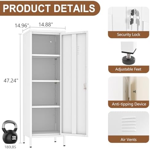 pozdeg 47.24" White Lockable Small Metal Storage Locker - Image 3