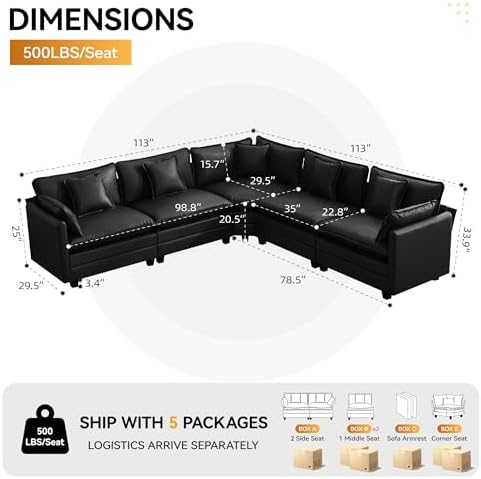 113'' V Shaped Cloud Sectional Sofa, Oversized Deep Seat Leather Couches - Image 2