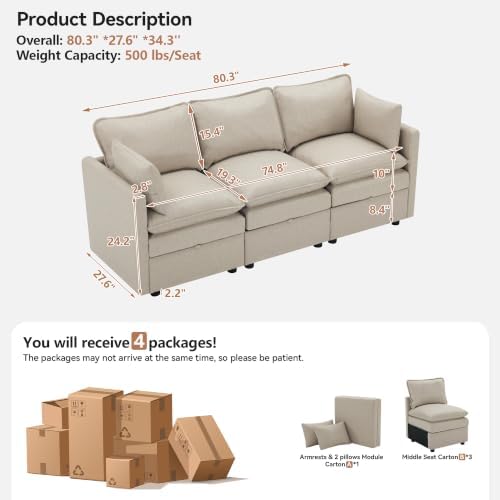 80" Beige Faux Leather Storage 3 Seater Sofa, Modular Sectional Cloud Sofa - Image 2