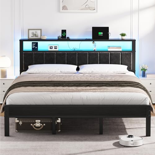 OLEVS King Bed Frame with Charging Station & LED Lights Modern Platform Bed by OLEVSHOME