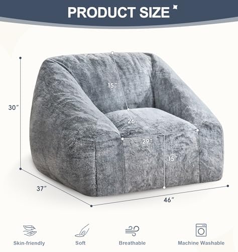 Hobestluk Bean Bag Chair Plush Accent Chair Armrest Living Room Adult Grey - Image 2