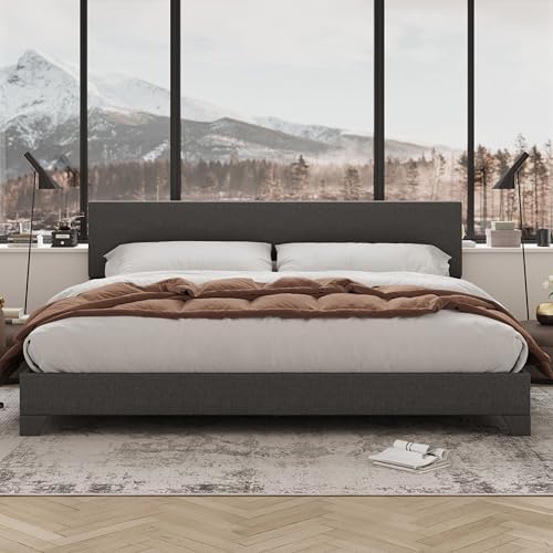 Allewie King Size Upholstered Bed Frame Adjustable Headboard, Dark Grey - Image 3
