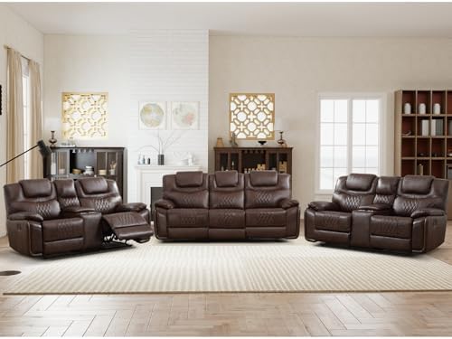 ANJ 3-Piece Manual Reclining Sofa Set, Premium Genuine Leather Reclining Sofas by ANJ