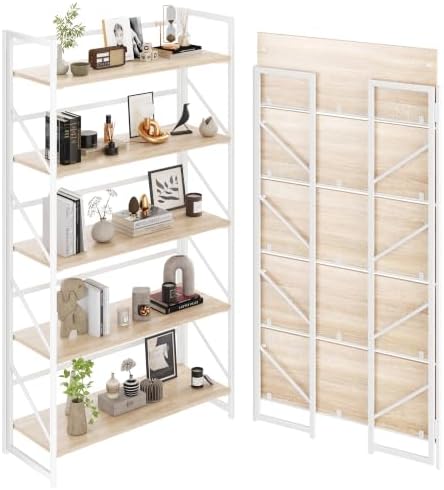 JSB 5 Tier No Assembly Folding Bookshelf, 30.7" Wide Foldable Storage Bookcase by HomeFurniture