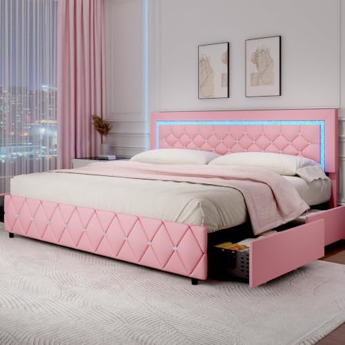 Pink King Size Bed Frame with LED Lights and Diamond Tufted Headboard - Image 6