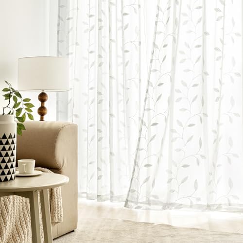 MIULEE Ivory Sheer Curtains 2 Panels Embroidered Leaf Patterned, W52 x L96 - Image 3