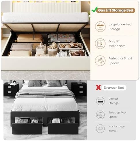 SHA CERLIN King Size LED Lift Up Storage Bed Frame Charging Station - Image 4