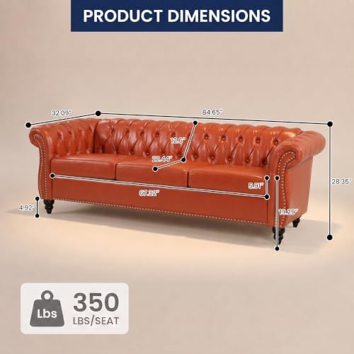 3 Seat Chesterfield Sofa, Faux Leather Couch - Image 2