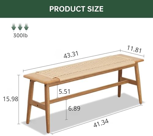 100% Solid Oak Wood Woven Dining Bench - Image 2