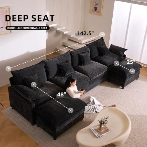 GOSUHI 142.5" U-Shaped Modular Cloud Couch, Deep Seat, Chenille Black - Image 4