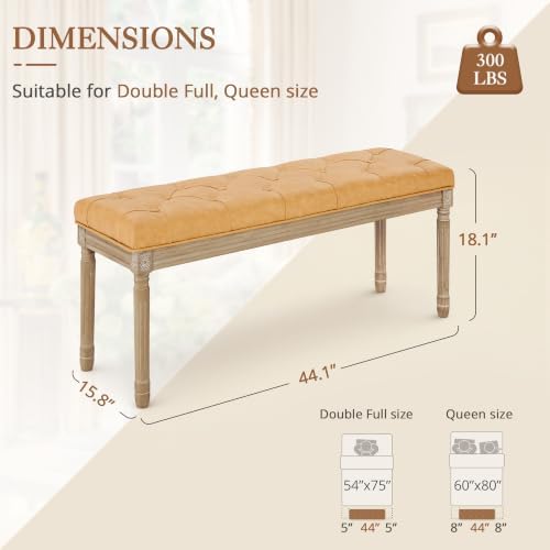 LUE BONA 44" Leather End of Bed Bench, Upholstered Tufted French Bedroom Bench - Image 3