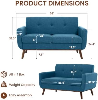 56" Small Loveseat Sofa Mid Century Modern Mini Love Seat - Image 2