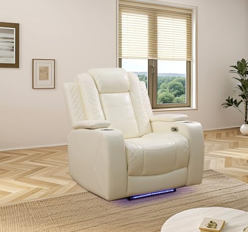 Power Recliner Chair with LED Lights, Leather Reclining Couch with Storage by Caberryne