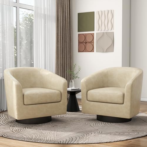 Pia Ricco Faux Leather 360° Swivel Barrel Accent Chair Cream - Image 3