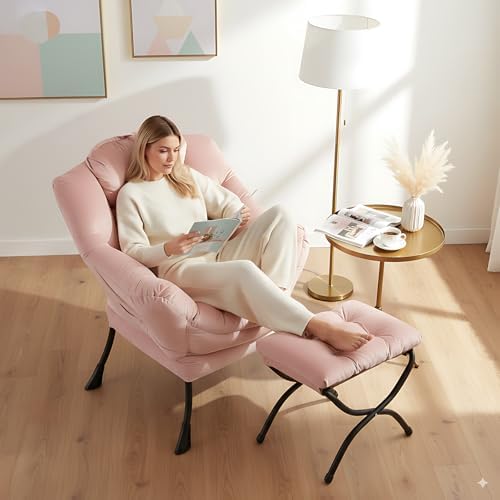 LITA Lazy Chair with Ottoman, Comfy Accent Reading Chair, Velvet Pink - Image 6