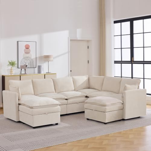 105" Beige Modular Storage Sofa, U Shaped Chenille Couch by Abbrevi