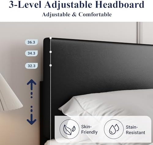 Allewie Queen Size Faux Leather Bed Frame, Adjustable Headboard - Image 4
