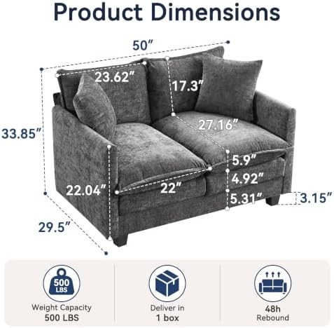 Loveseat Sofa, Soft Chenille Cloud‑Cushion Small‑Space Couch - Image 2