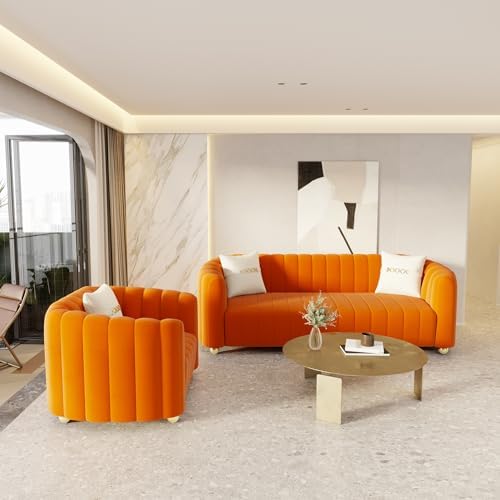 2-Piece Orange Velvet Tufted Sofa Set - Image 2