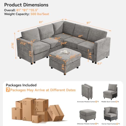 81'' V Shaped Modular Sofa, Storage Sectional Living Room Couch, Light Grey - Image 2
