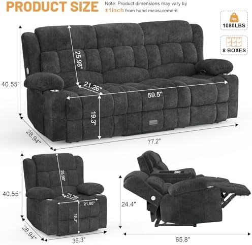 Dresegmt Loveseat Recliner Sofa Set, Flip Middle Backrest Design 3 Seater - Image 2