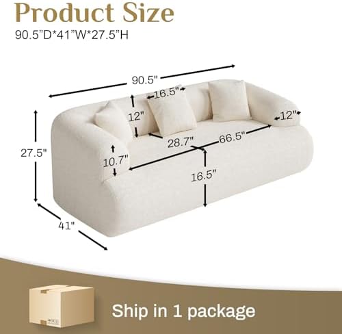 91" Modern Curved Couch, 3 Seater Boneless Sofa & Deep Seat - Image 2