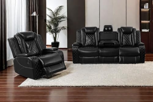 A Ainehome Living Room Furniture Set Black Leather Recliner Sofa Set Loveseat - Image 6