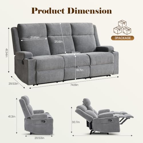 GUEAPY Reclining Sofa for Living Room, Flip-Down Center Backrest, 4 Cup Holders - Image 2