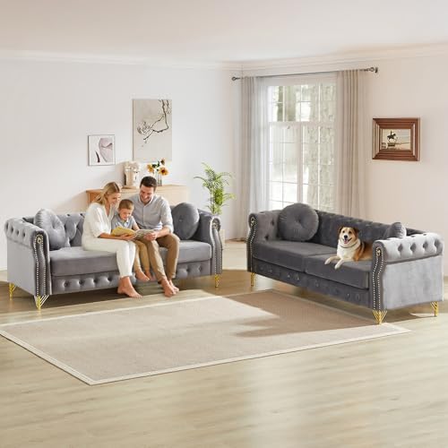 JEEOHEY 2 Pieces Mid Century Modern Chesterfield Sofa Set, Upholstered Button - Image 3