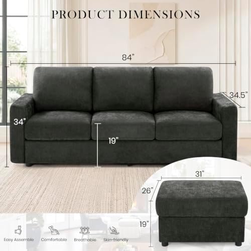 84” Chenille 3-Seater Sofa W/Two Movable Ottomans - Image 2