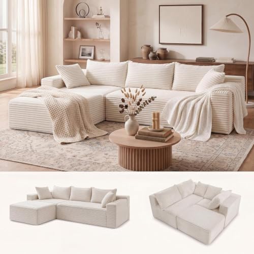Claiks 104" Boneless Couch, Cloud Couch Sectional, L-Shape Corduroy Modular by CLAIKS