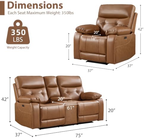 CANMOV Genuine Leather Power Recliner Sofa Set, Power Recliner Chair and - Image 2