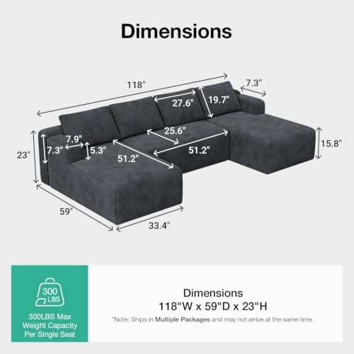 Novilla 118'' U-Shape Modular Sectional Sofa, Corduroy Dark Grey - Image 2