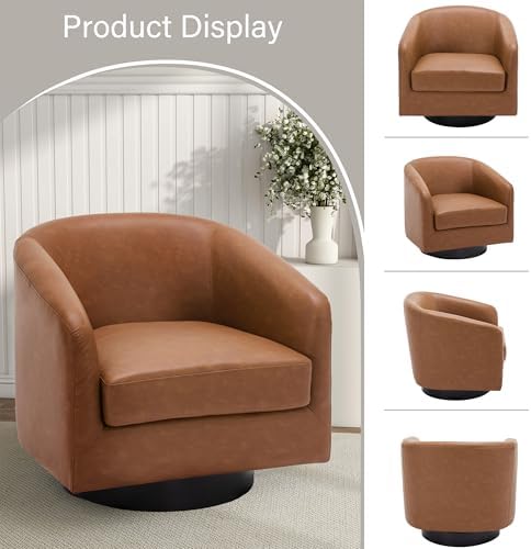 Pia Ricco Set of 2 Oversized Faux Leather 360° Swivel Barrel Accent Chair Brown - Image 4