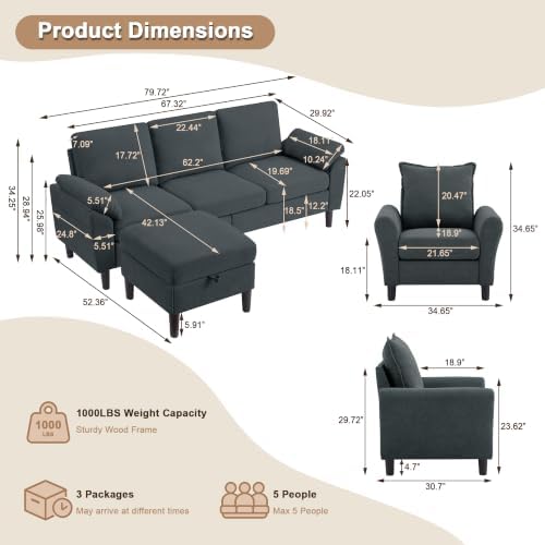 3 Pieces Sectional Sofa, Couch Set - Image 2
