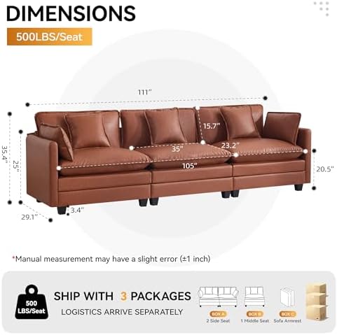 111'' Sectional Cloud Deep Seat Couch, Modular 3 Seater Sofa, Leather Brown - Image 2