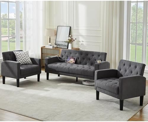 Mid-Century Modern Tufted Loveseat Sofa Set w/ 2 USB & 2 Cupholders by TYBOATLE
