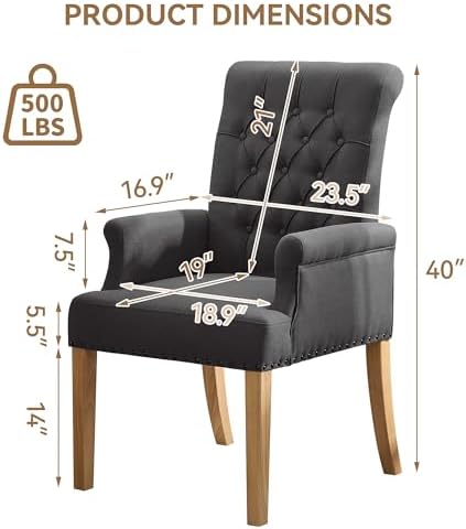 Dining Chair with Arms, Upholstered High Back Dining Room Chairs, Dark Grey - Image 2