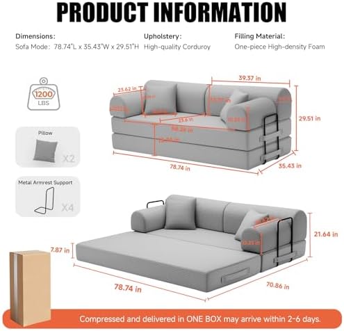 79" Memory Foam Sofa Bed, High Backrest Convertible Futon Boneless Couch - Image 2