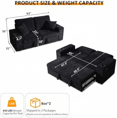 63 Inch Sleeper Sofa Bed, 3 in 1 Pull Out Couch Bed - Image 3