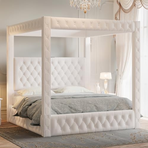 Jocisland King Canopy Bed Frame Velvet Upholstered Headboard by Jocisland