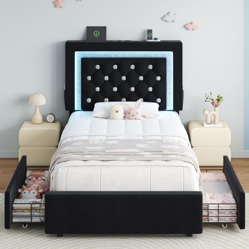 Twin Bed Frame with Storage Drawers and LED Lights, Velvet Upholstered Platform - Image 3