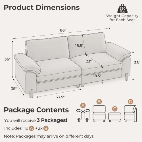 SITJOY Cloud Couch Sectional, 2 Seater Loveseat, Chenille in Light Gray - Image 2