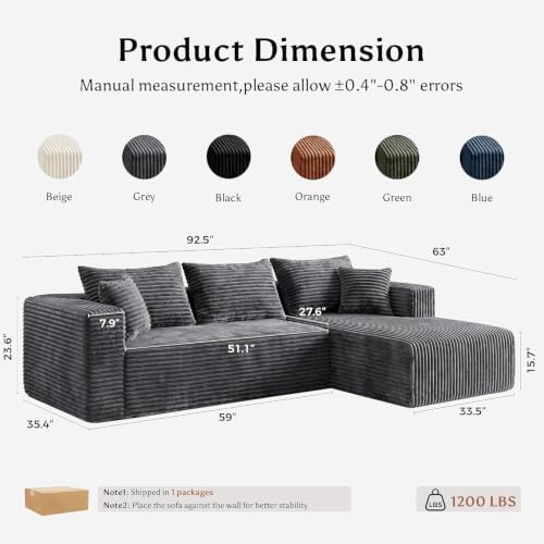92.5" Boneless Couches for Living Room, L Shaped Modular Sectional Sofa - Image 2