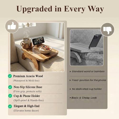 Couch Armrest Table, Acacia Wood Sofa Arm Tray - Image 2