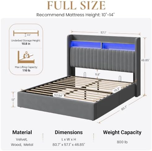 SHA CERLIN Full Size LED Lift Up Storage Bed Frame Charging Station - Image 2